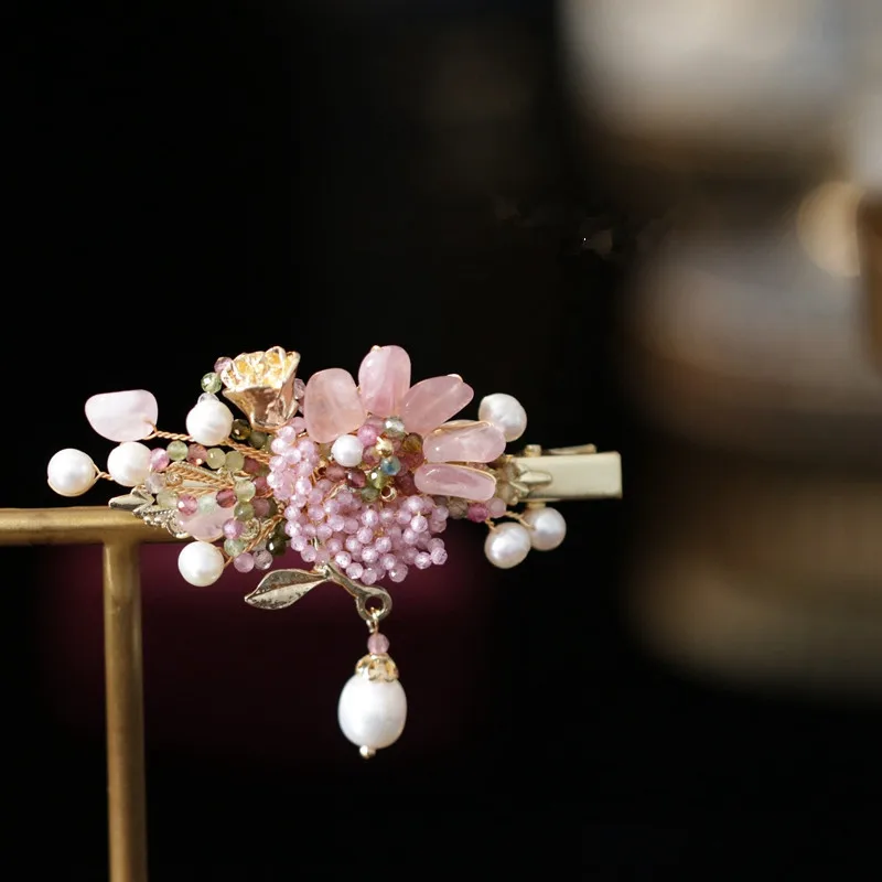 FXLRY Original Handmade Natural Pearl Pink Crystal Delicate Flower Clip Headdress Hair Clip Side