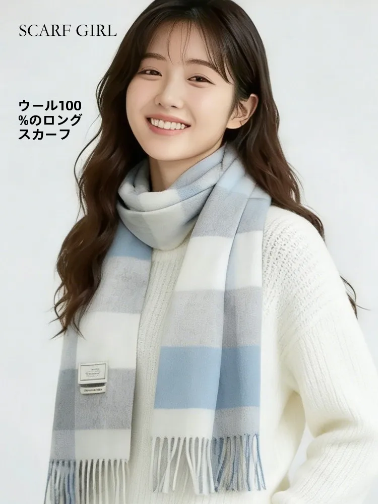 厚手のロングチェック柄ウールスカーフ-レディース-秋冬-暖かいタッセルショール-韓国風ファッションアクセサリー-中国製