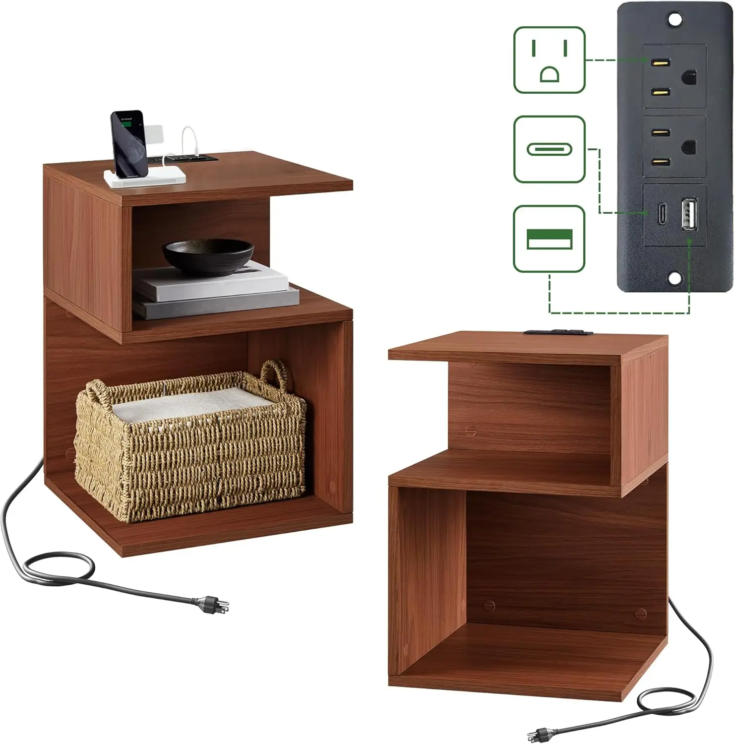 Night Stand Set of 2 for Bedroom Beside Table with Charging Station Wood Nightstand with Storage, End Table with USB Ports