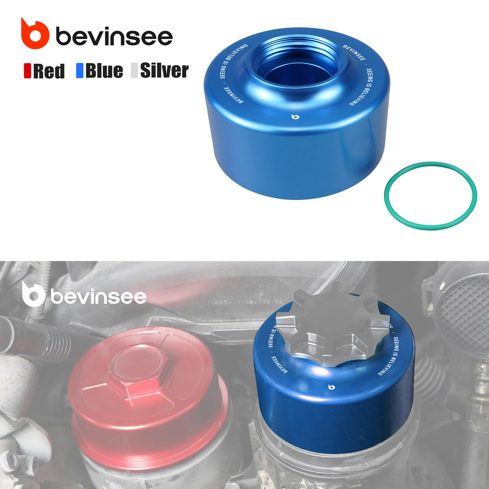 BEVINSEE Aluminum Power Steering Reservoir Set for MINI R50 R52 R53, for BMW E36 E39 E46 E60 E82 E92 E90 E91 E93 E87 E61 E64 E38