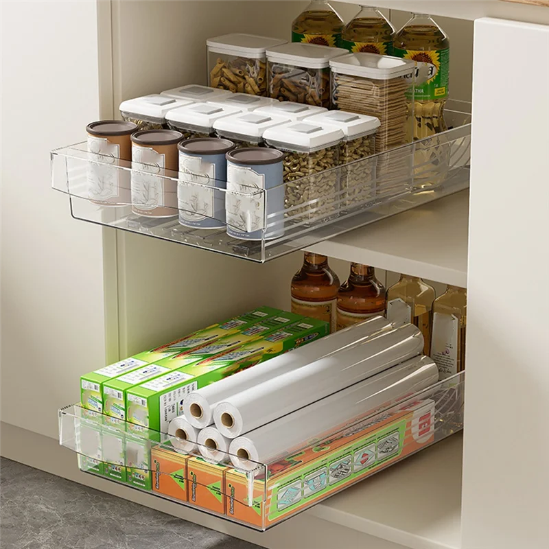 

BYBS-Retractable Drawer Transparent Sliding Rail Rack Kitchen Storage Box Movable Drawer Storage Basket Storage Box