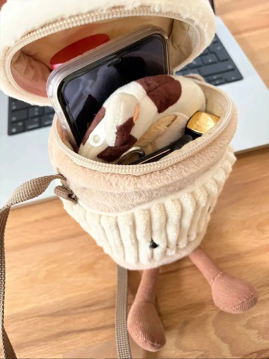 Bloom Plush Coffee Cylinder Messenger Women New Cartoon Milk Casual Crossbody Bags Hot Girls Ins Toy Water Cup Bag Y2k