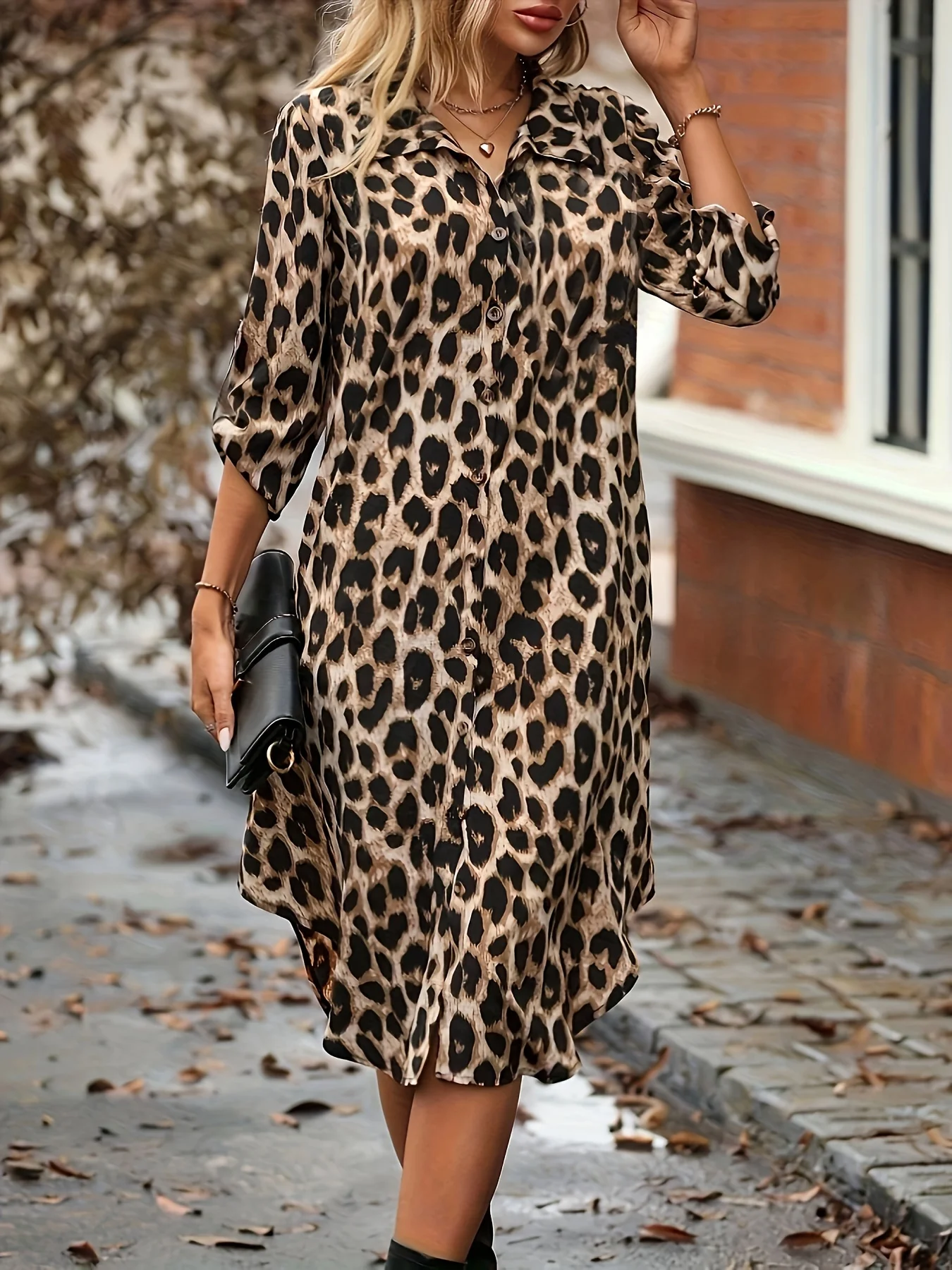 New Elegant Women\'s Summer Leopard Shirt Dress Casual Loose Turn Down Collar Mid Calf Straight Long Dresses