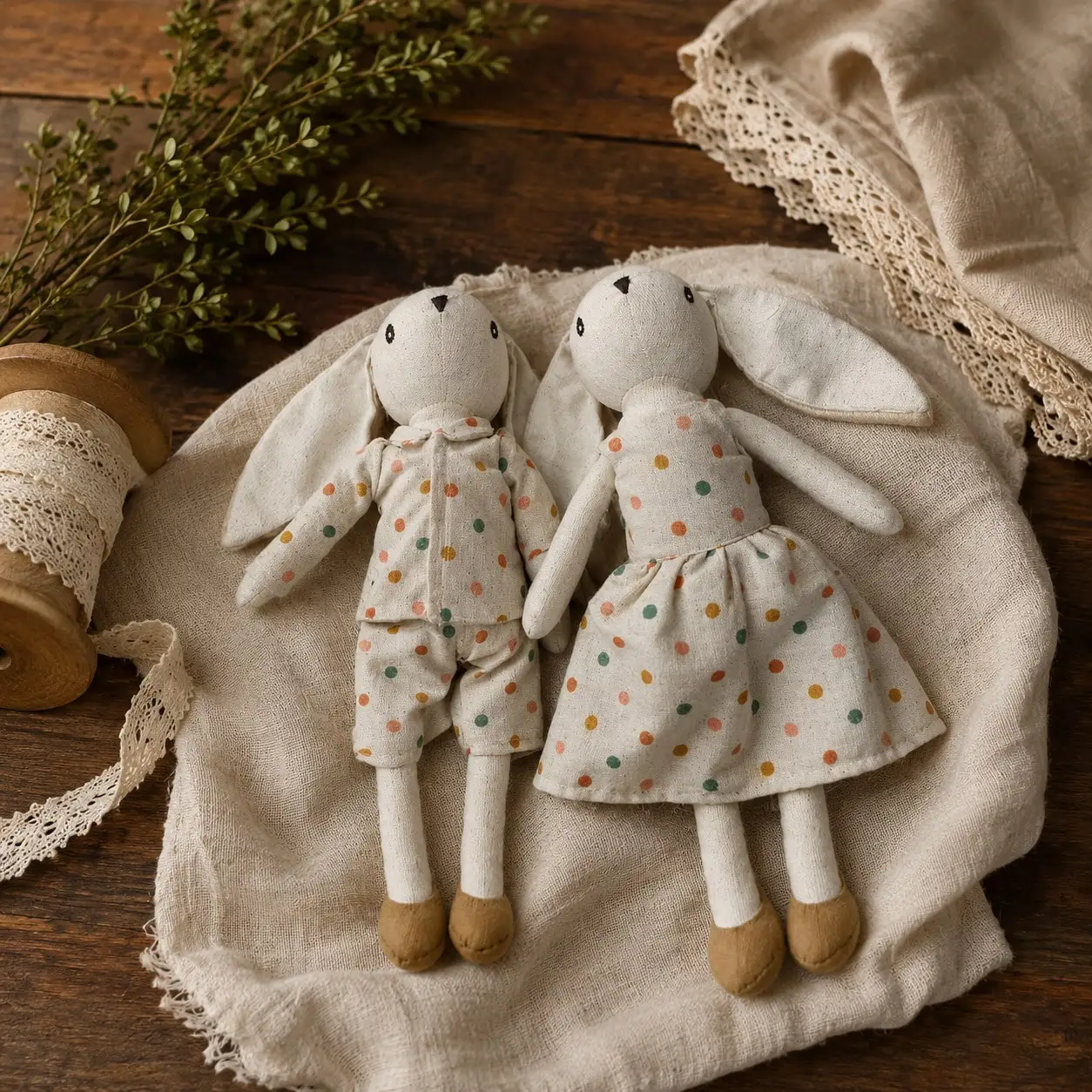 1PC Linen Long Ear Bunny Plush Doll Set, Polka Dot Outfit Rabbit Stuffed Animal, Handmade Soft Rabbit Toy for Newborn Shower