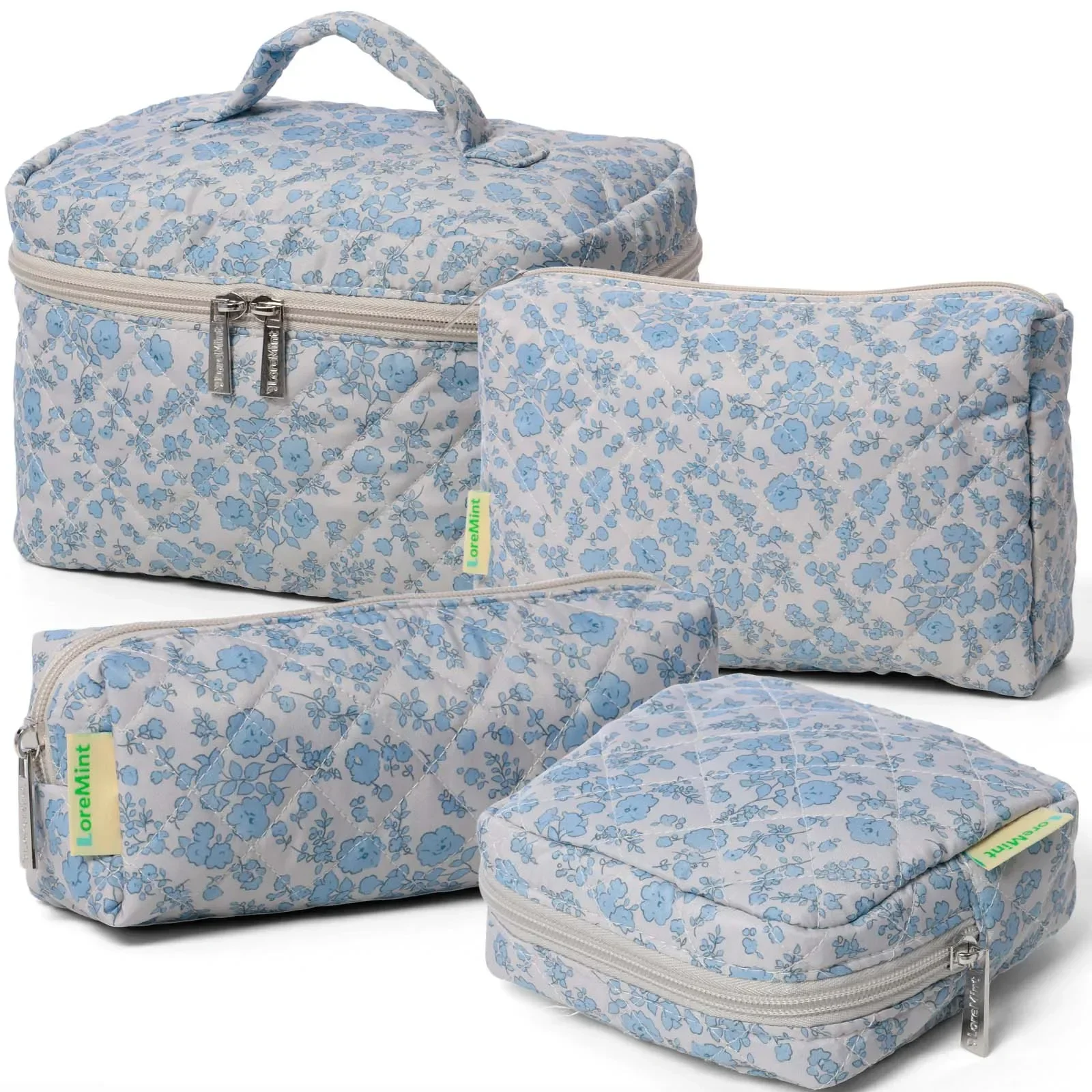 4Pcs Blue Floral Quilted Travel Cosmetic Bag Set Soft Vanity Storage Makeup & Brush Pouches Portable Toiletry Organizer for Women