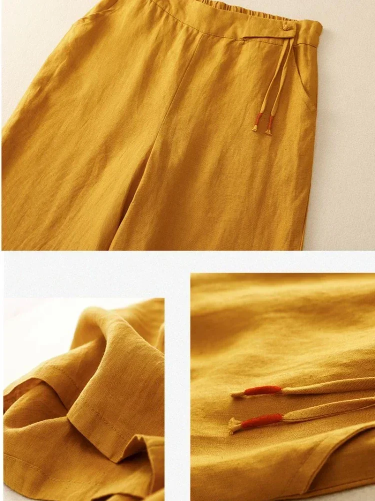 

Women's Pants Retro Artistic Summer Wide Leg Pants Women Elastic High Waist Cotton and Linen Casual Pants Loose Straight Yellow