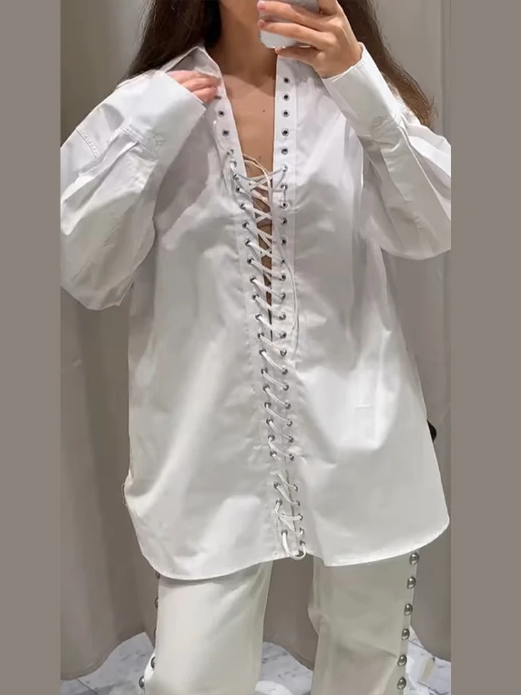 

Sexy Bandage Women's Shirt Long Sleeve Lapel Loose White Female T-shirt Spring Summer Street Fashion Hollow Out Lady Tops 2025