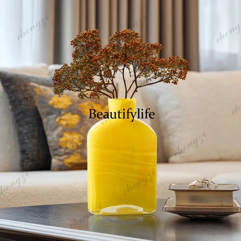 Bright yellow ceramic vase, minimalist, flower ware, living room entrance soft decoration, living room coffee table decoration