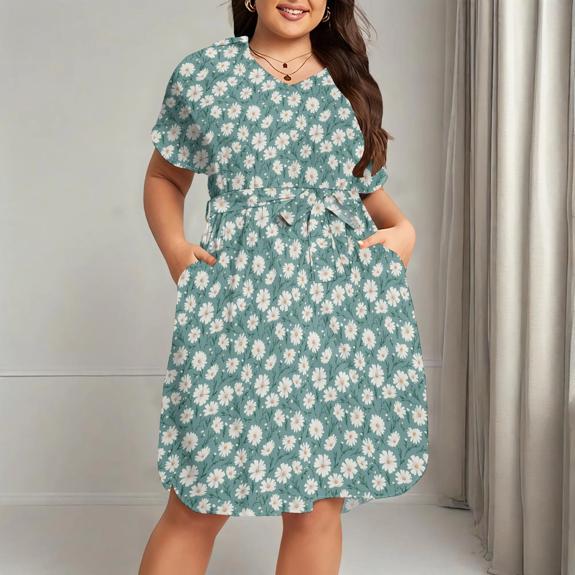 

Women's Plus Size V Neck Knee Length Dress Casual Floral Dresses Summer Short Sleeve Sundress with Pockets