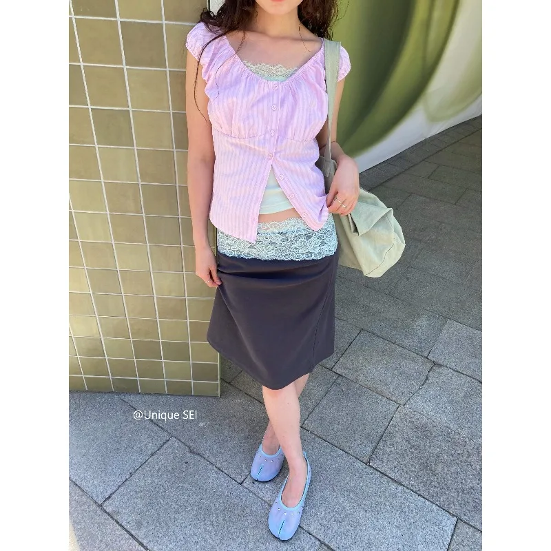 Korean Retro Lace Patchwork Elegant Knee Length Skirt Women 2026 Summer High Waist All-match Sexy Slim A-line Skirt