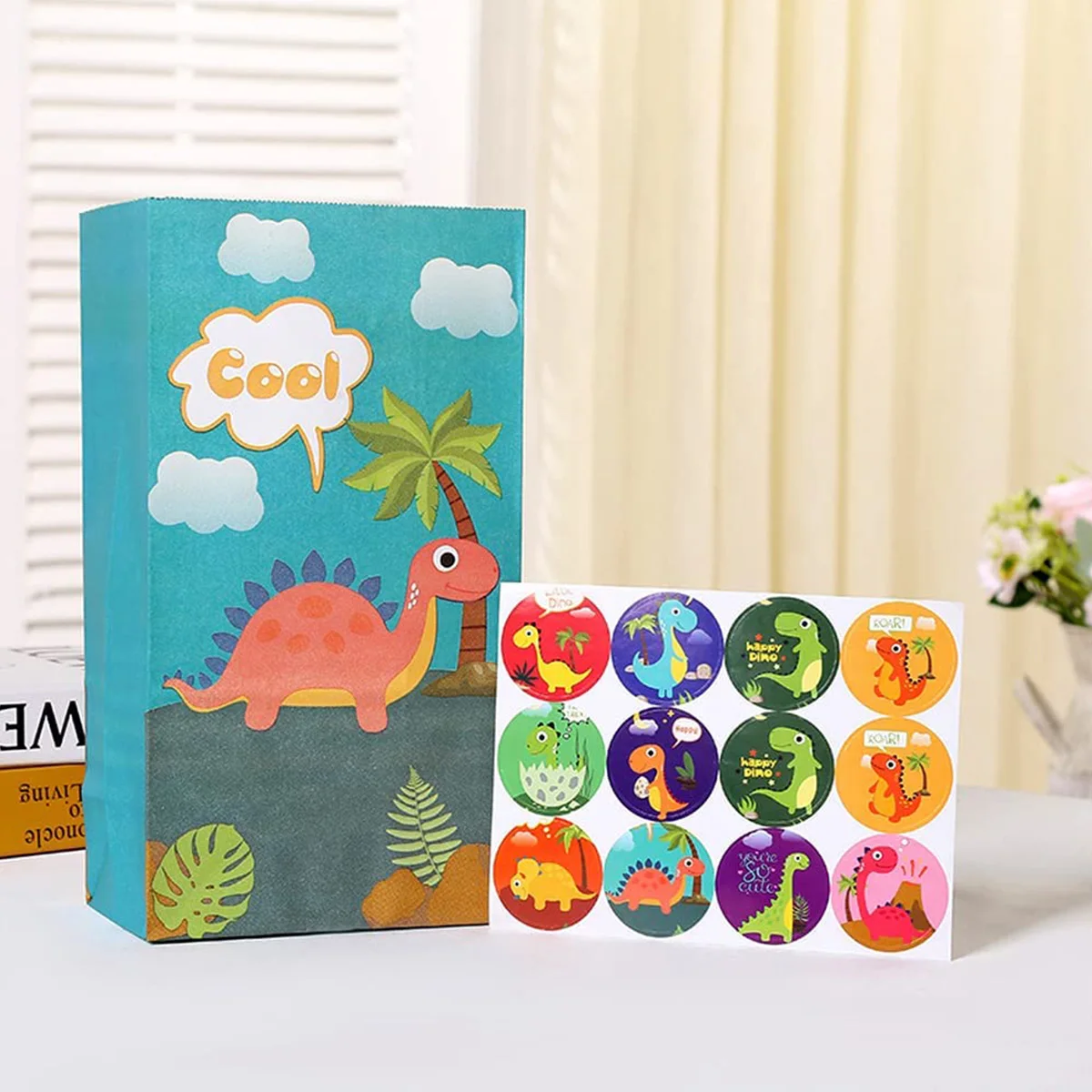 30Pcs Dinosaur Party Bags Thicken Paper Dinosaur Gift Bags Recyclable Dinosaur Party Gift Bags Odorless Candy Bags with 36 Stick