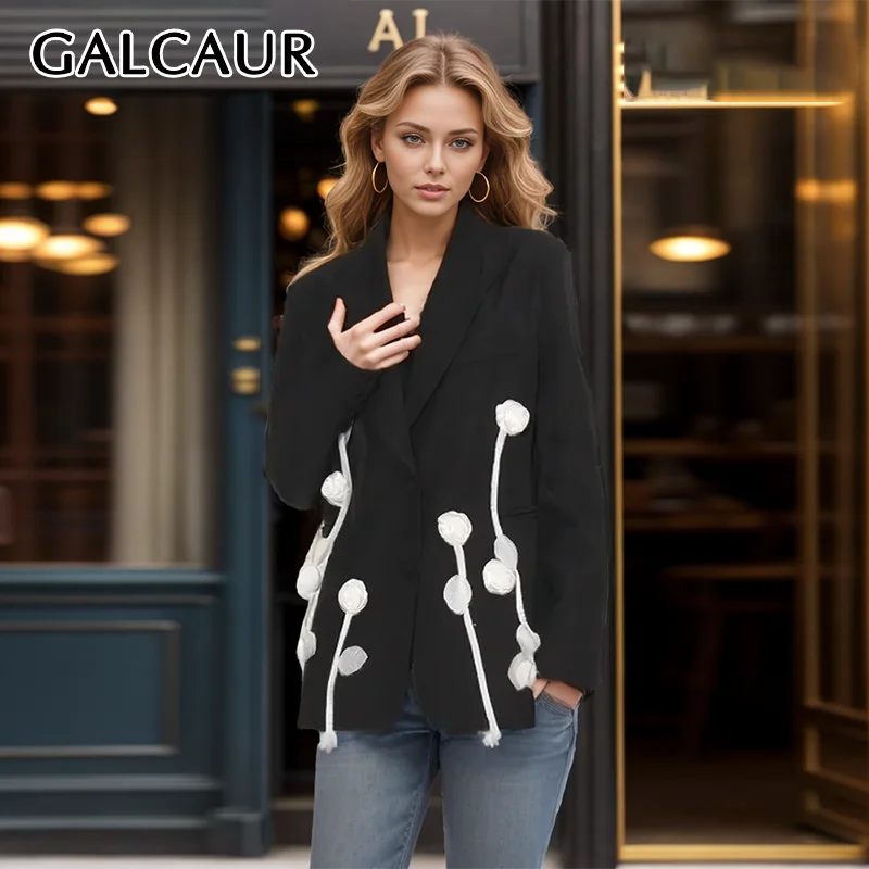 GALCAUR Solid Patchwork Appliques Coats Women Notched Collar Long Sleeve Spliced Single Breasted Elegant Chic Blazer Female New