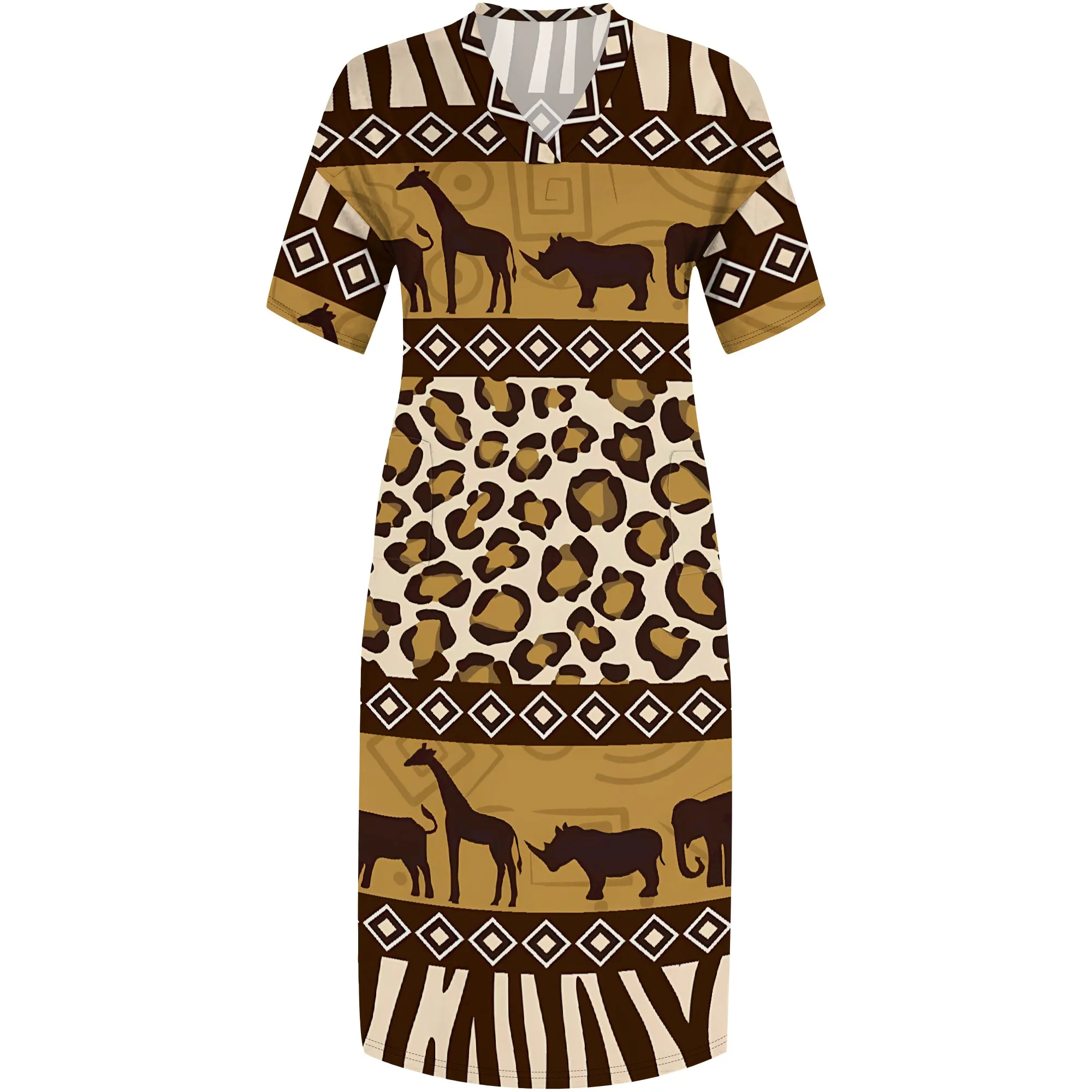 Nupusa 사파리 동물 프린트 드레스 여성용 플러스 사이즈 여름 캐주얼 V 넥 짧은 소매 맥시 드레스 (포켓 포함)