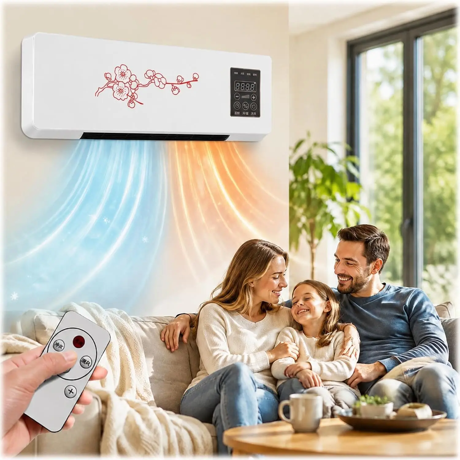 Portable Air Conditioner 1800W Bedroom Fan, Quiet 2-in-1 Heater and Fan Combo Wall Mount Air Conditioner, Portable AC Unit with Ultra Quie 30dB, Remote Control for Home Room(Red)