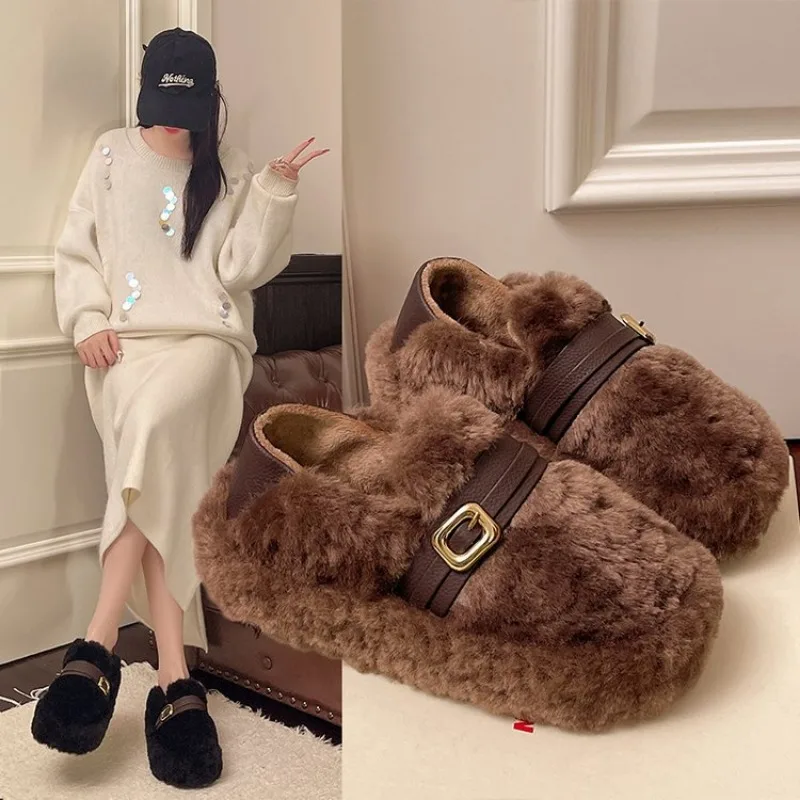 Lamb Wool Thick-Soled Home Cotton Drag Women Winter Lazy One-Pedal Doudou Shoes Korean Version Fashion Warm Cotton Shoes Women
