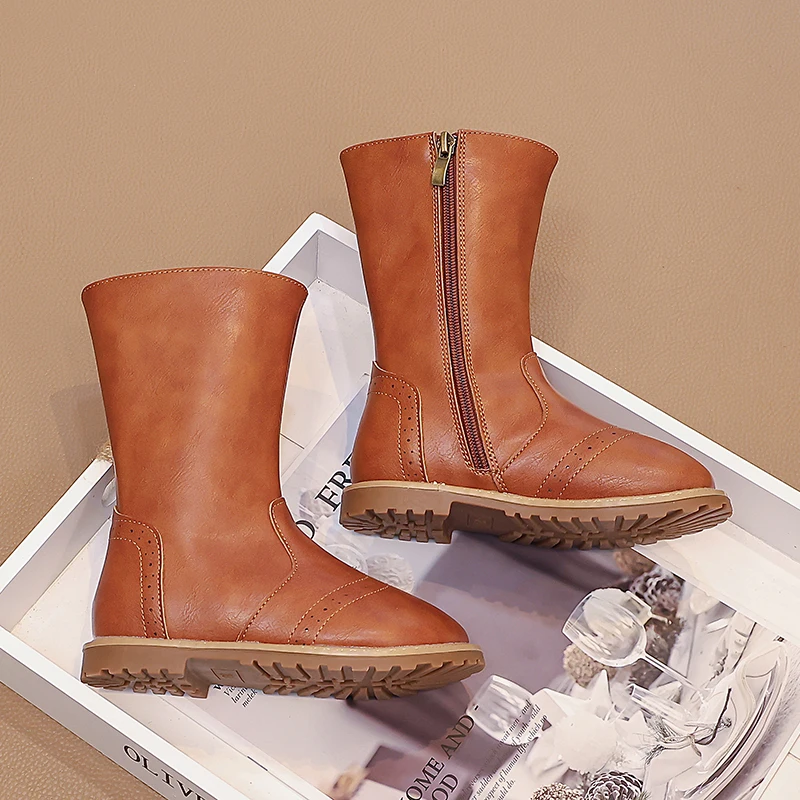 Toddler Girls Carved Mid-calf Boots 2026 New Winter Kids British Style Leather Boots Non-slip Simple Princess School Party Boots