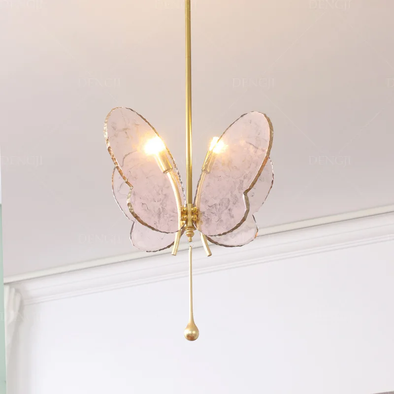 

French Gold Wrought Iron Ceiling Pendant Lights Butterfly Glass Hanging Lamps Living Room Bedroom Restaurant Kitchen Chandelier