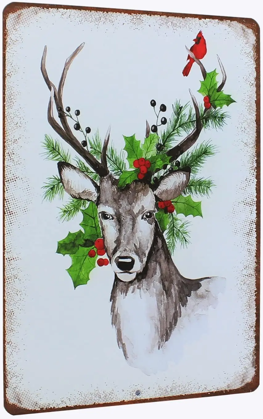 Vintage Metal Tin Sign Plaque Merry Christmas Watercolor Rustic Deer Winter Wall Art Sign Deer Sign for Indoor & Outdoor Hom