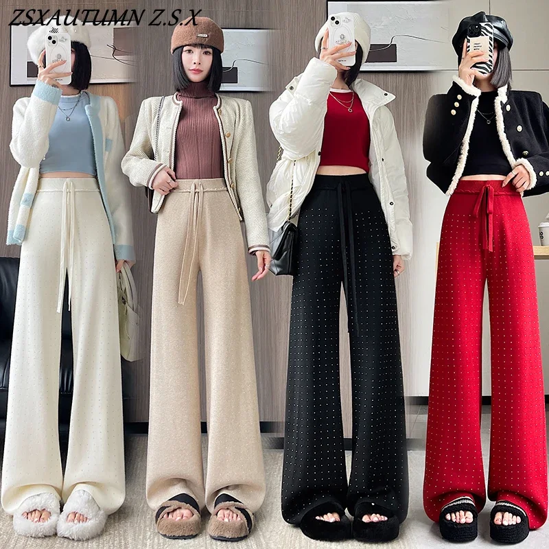 Diamond Knitted Wide-leg Pants Women Autumn Winter Korean Fashion High Waist Straight Loose Thick Casual Female Trousers