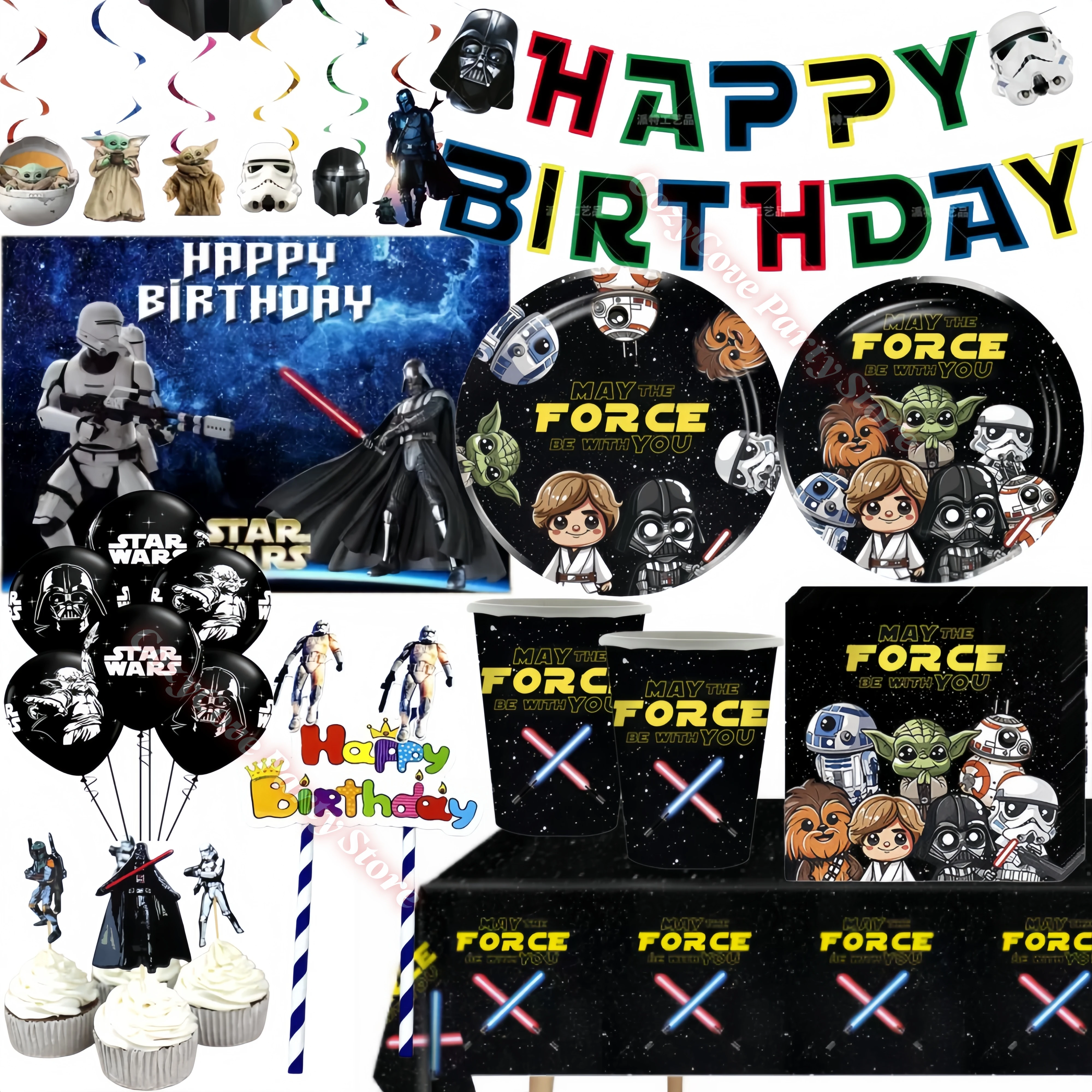 Star Warz Birthday Party Decorations Cup Plate Napkin Cake Topper Banner Balloons for Kids Boys Favors Photo props Baby Shower