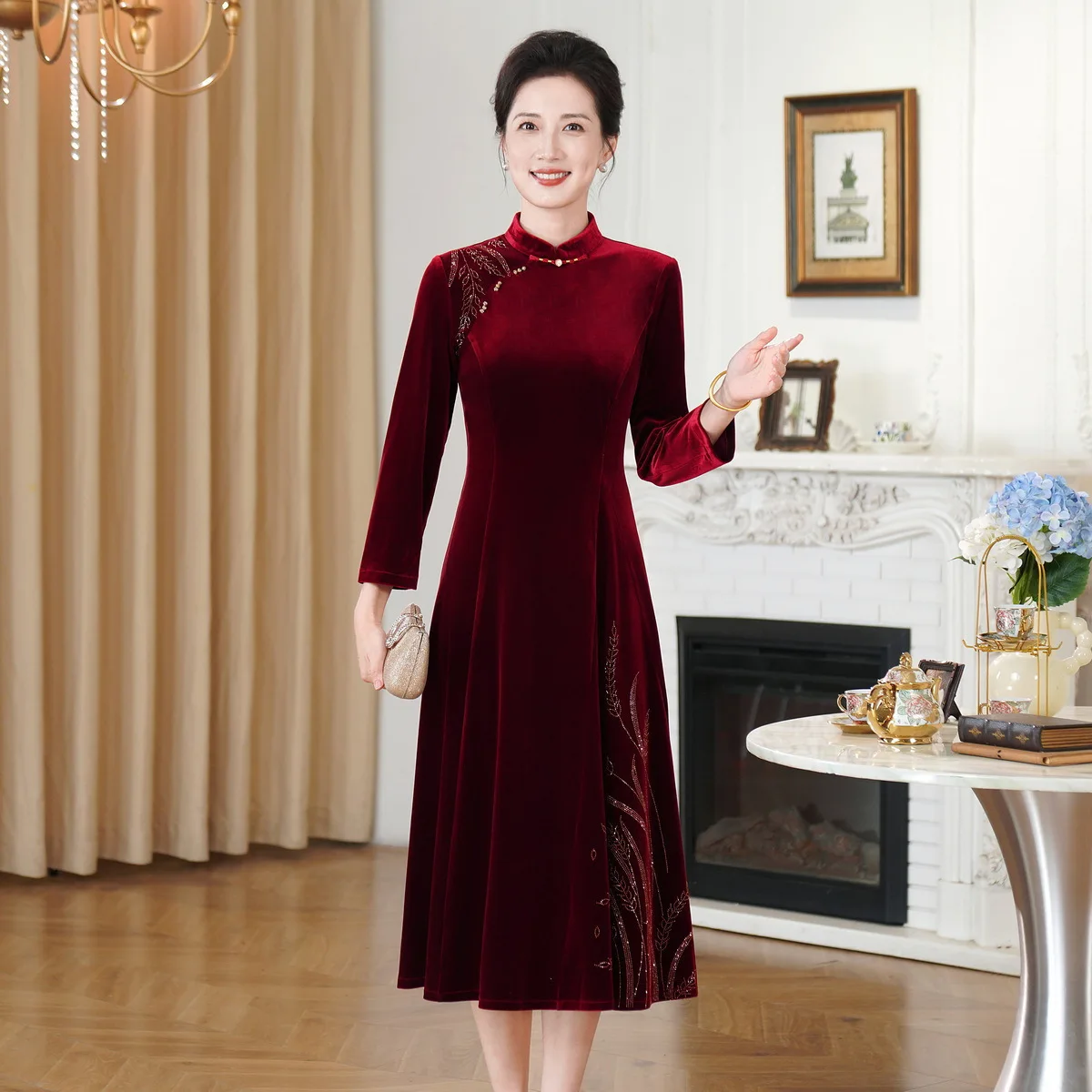 Yourqipao New Chinese Traditional Mother Of The Bride Qipao Burgundy Women Cheongsam Long Prom Gown Wedding Guest Dress