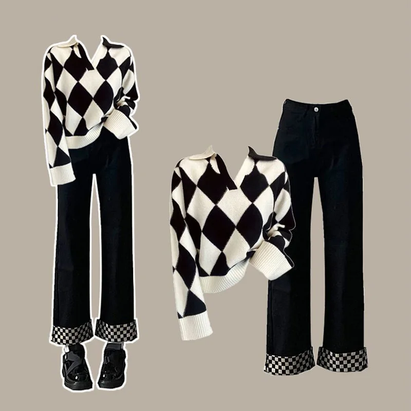 Autumn and Winter Set Women\'s 2023 New Korean Knitted Sweater Women\'s Loose and Slim Straight Leg Jeans Two Piece Set Pant Sets