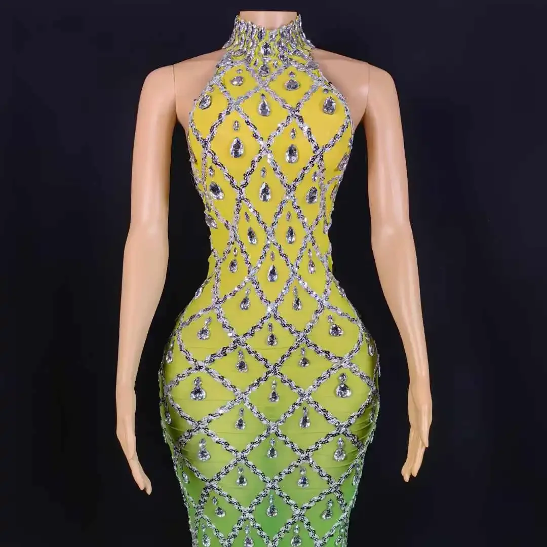 Seksowna długa sukienka bez rękawów dla kobiet, wysoki kołnierz, kryształy, cyrkonie, elastyczna, dla piosenkarki, klubowa, balowa, bogini, błyszcząca, urodzinowa królowa.