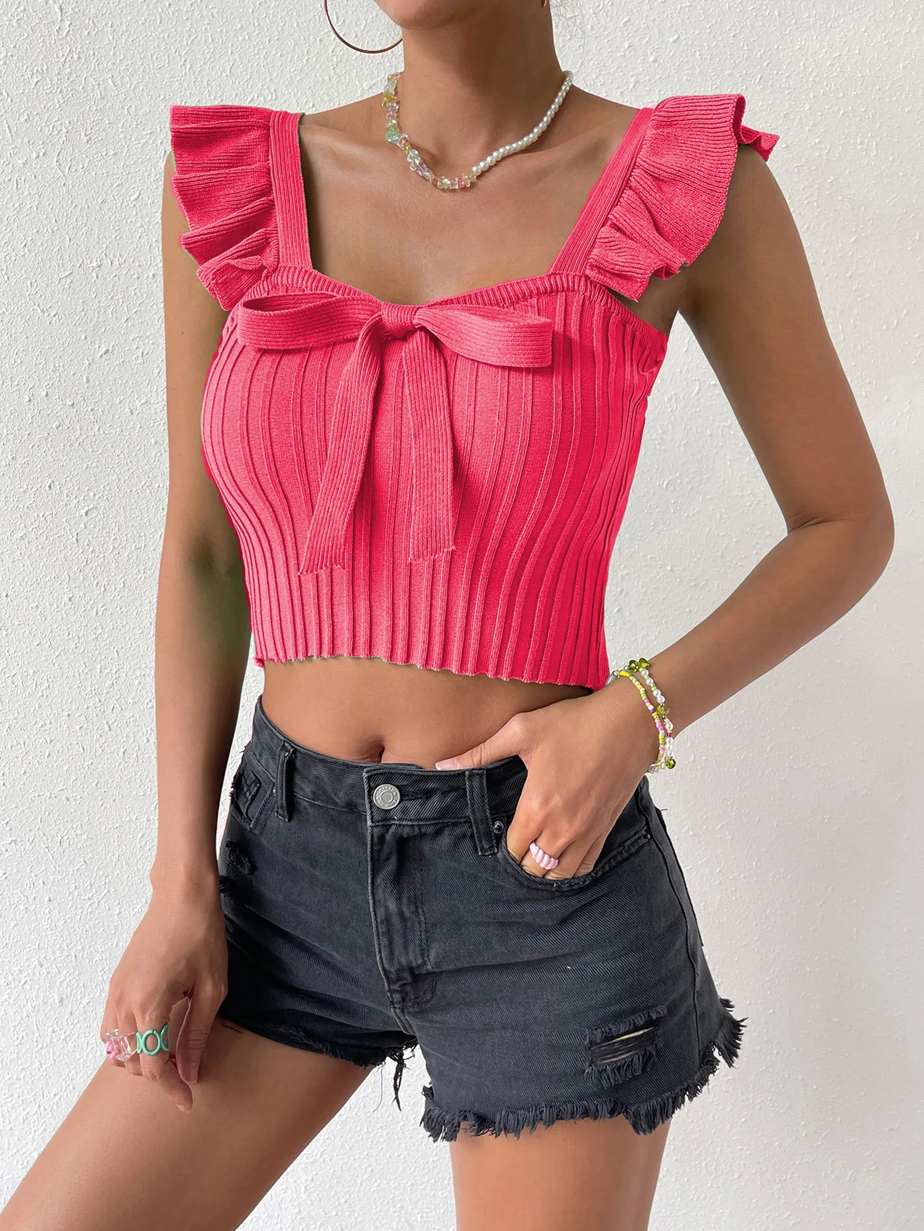 Summer Outfit with Ruffled Edges Small Fly Sleeves Butterfly Condensation Navel T-shirt Slim Fit Top