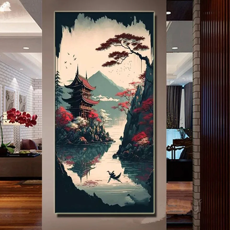 Large Size Diamond Painting New Cherry Blossom Tree Full Drill Embroidery Fuji Mountain Pavilion Scenery Diy moon decor GG1017