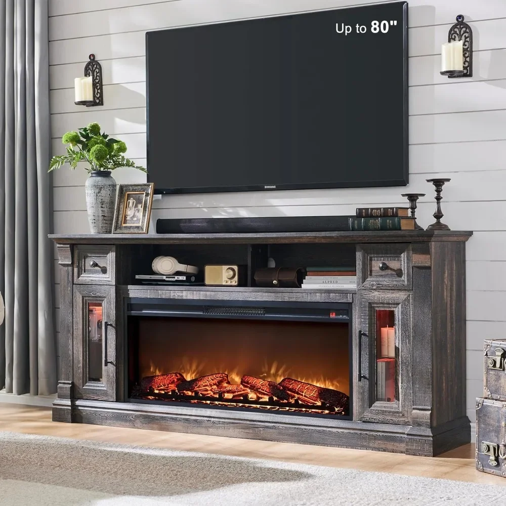 Farmhouse Fireplace TV Stand for 80 Inch TV, Entertainment Center with 42