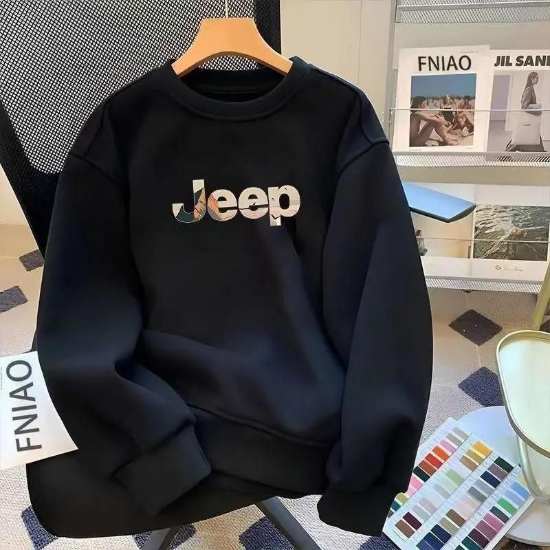 Camiseta de algodão puro de alta qualidade 2026 Jeep com gola redonda, veludo grosso e estampa moderna, casual, solta, manga comprida, versátil para jovens