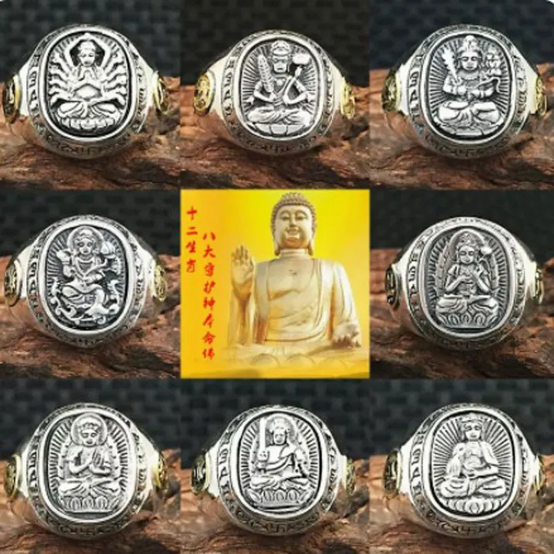 S925 sterling silver retro personalized jewelry with twelve zodiac signs and eight guardian deities, the Buddha's opening ring a