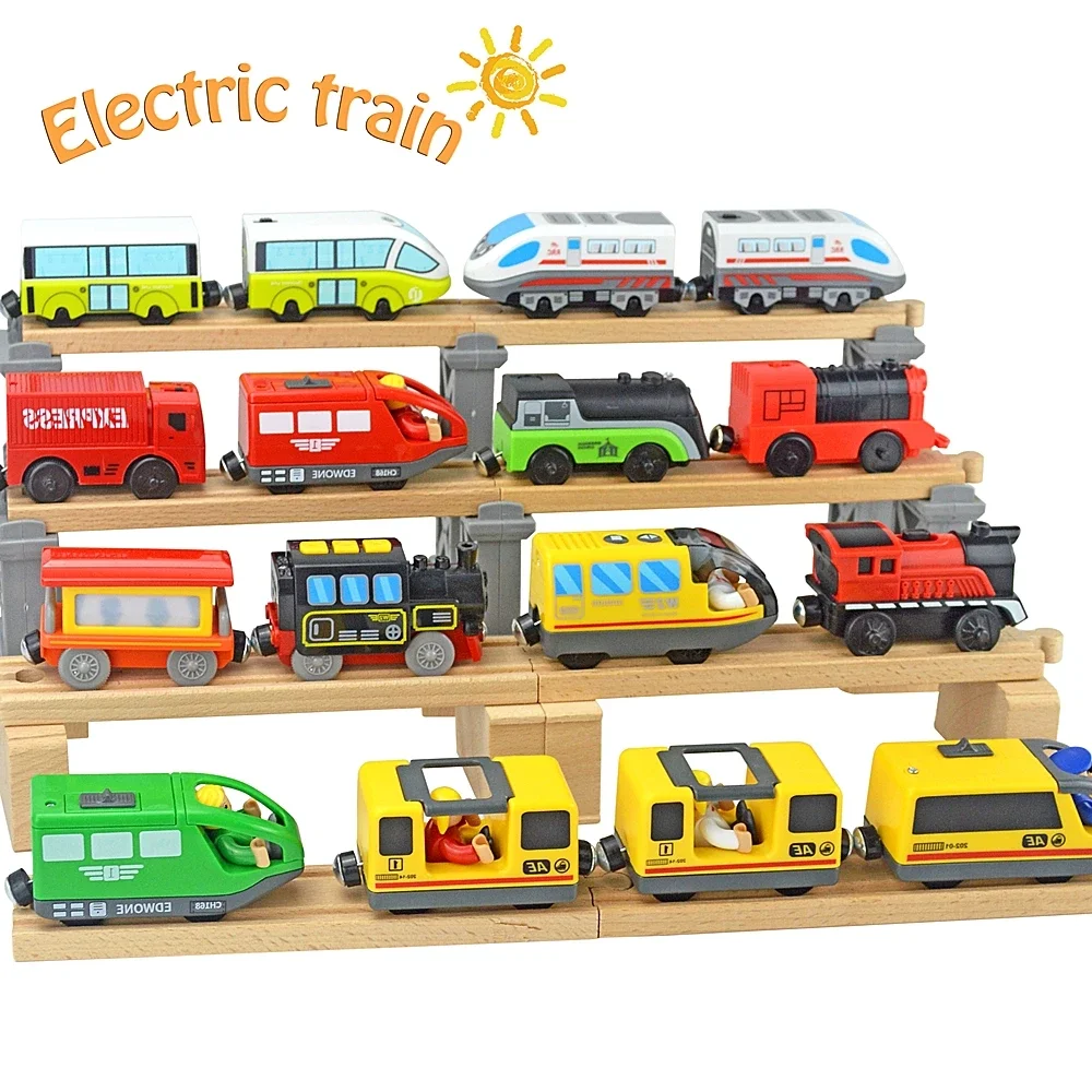 Juego de tren eléctrico locomotora coche magnético ranura fundida compatible con todas las marcas Biro vía de tren de madera ferrocarril para niños juguetes educativos