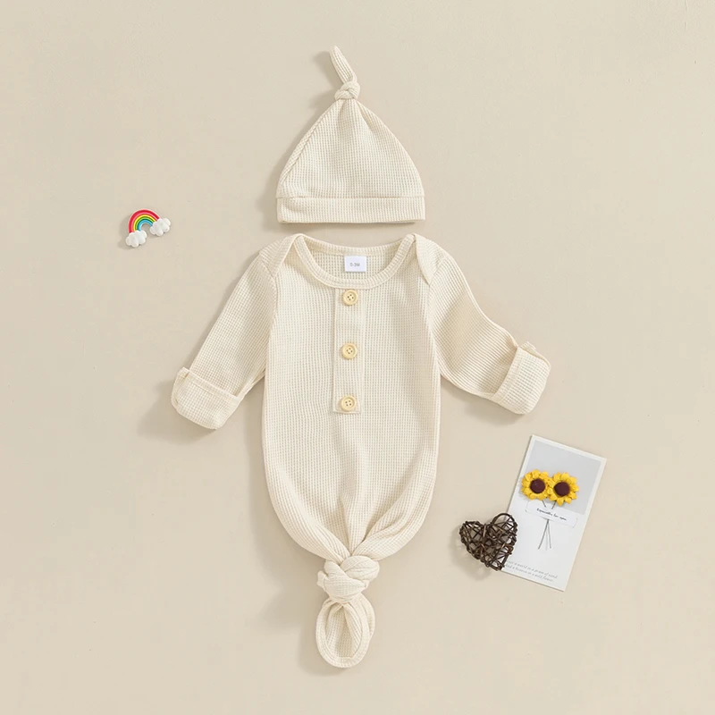 BULINGNA Newborn Baby Boys Girls Knotted Gown with Hat Set Unisex Infant Nightgown with Mittens Sleepwear Pajamas