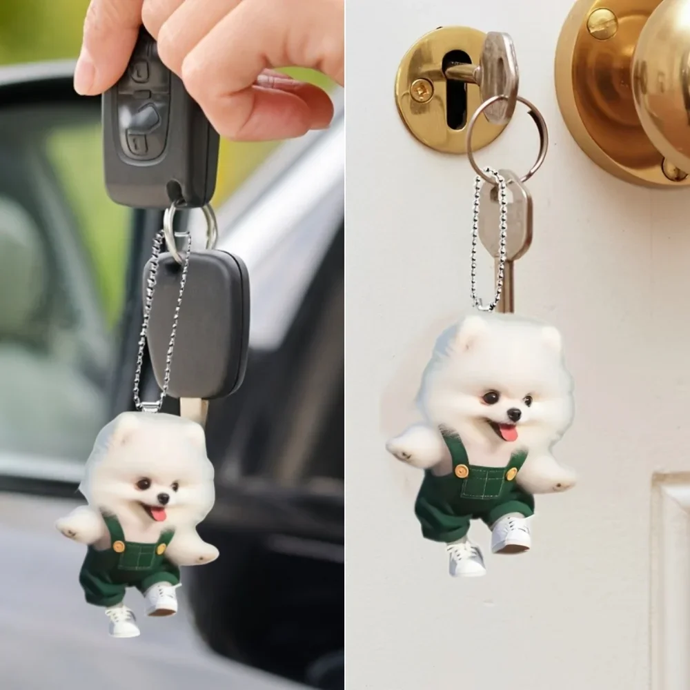 Rompers Dressed Pomeranian Dog Pendant Cute Puppy 2D Acrylic Keychain Versatile Charm,Decor for Car,Backpacks,Phone,Festive,Gift