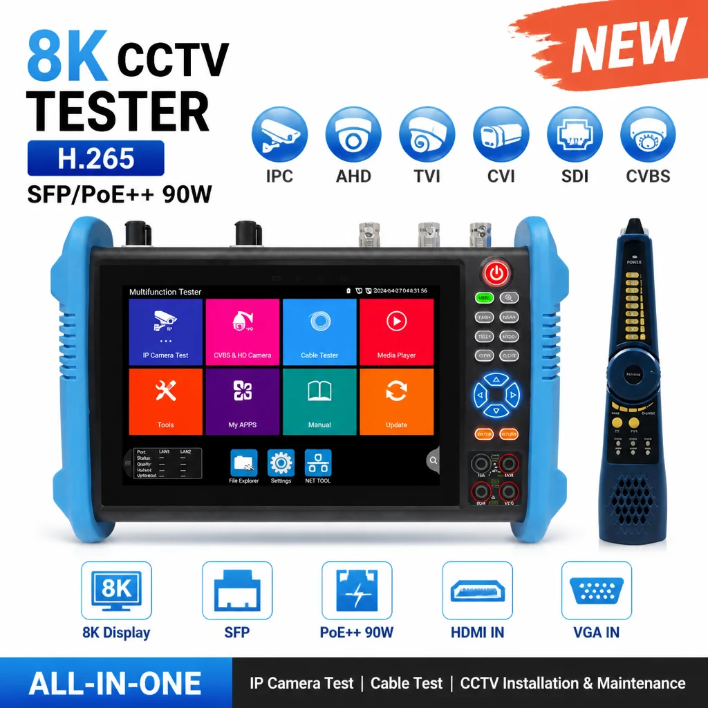 8K CCTV IPC Tester 8MP AHD CVI TVI POE IP Camera Test Cable Tracer HDMI VGA Input 7 Inch Touch Screen Testing Tool