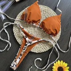 Conjunto de Bikini de dos piezas con estampado de leopardo para mujer, traje de baño Halter con Tanga con estampado de cereza, traje de baño Sexy de cintura alta con cordones