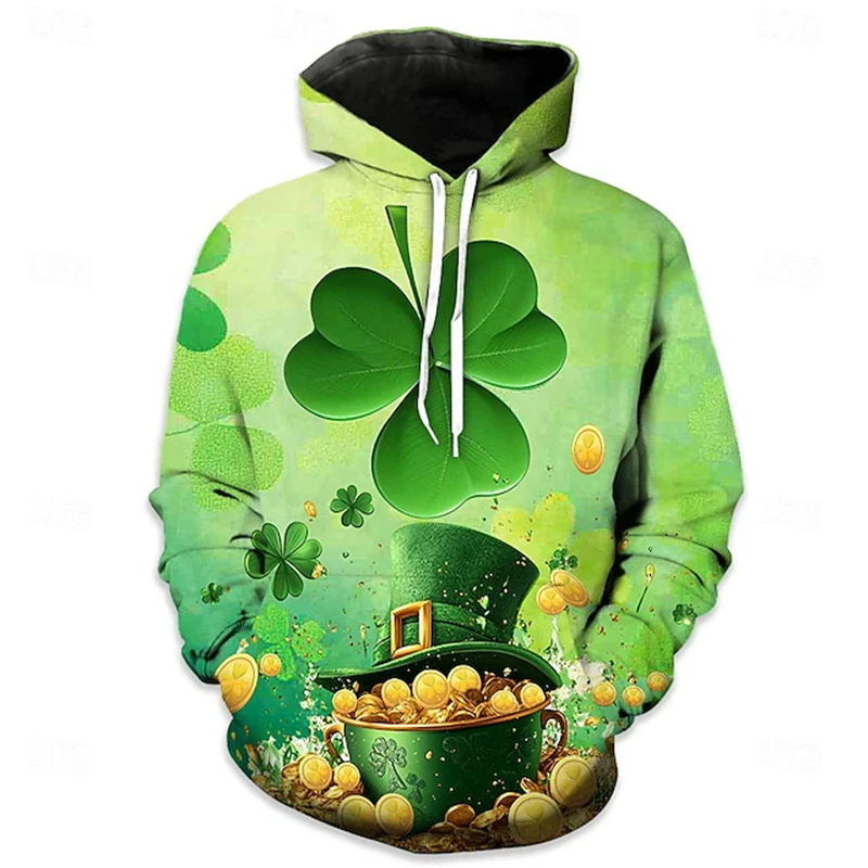 Men Hoodies St. Patricks Day Clothing 3D Print Green Clover Hat Graphic Hooded Pullover Unisex Irish Holiday Costumes Y2k Hoodie