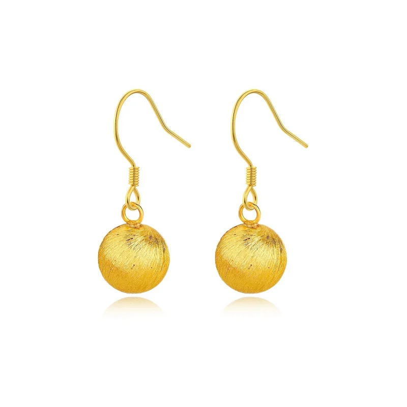 Luxury 100% Real 24K Gold Wish-Granting Brushed Ball Earrings, Round Ball Ear Hooks Designer Gift For Bestie