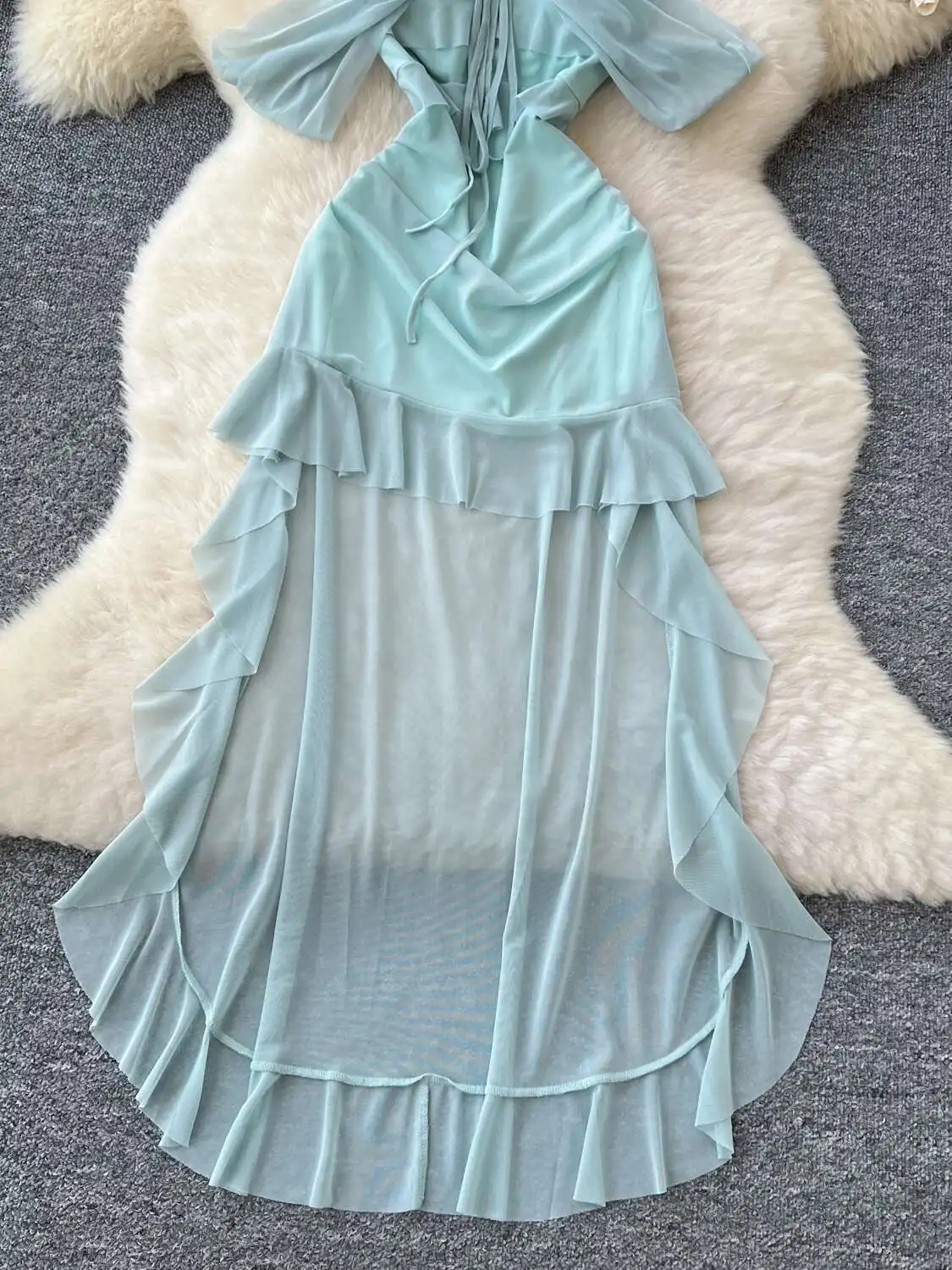 French Off Shoulder Sexy Beach Dress Women Summer Shawl Sleeveless Irregular Long Dresses Ladies Chiffon Boho Green Long Robe