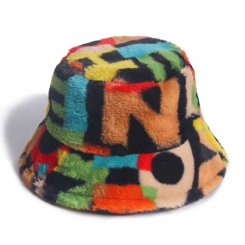 New Outdoor Multicolor Rainbow Faux Fur Letter Pattern Bucket Hats Women Winter Soft Warm Gorros Mujer fishing zebra Fashion