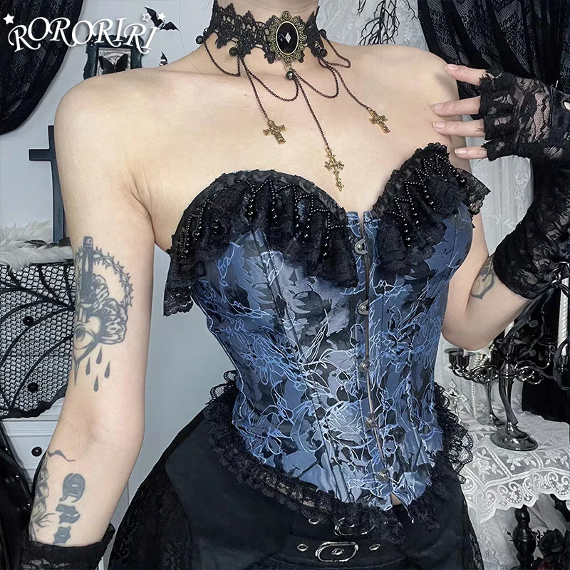 

RORORIRI винтажный кружевной лоскутный корсет на костях, женский топ с бисером, жилет без рукавов с открытой спиной и принтом, тонкий укороченный топ, сексуальная одежда Y2k