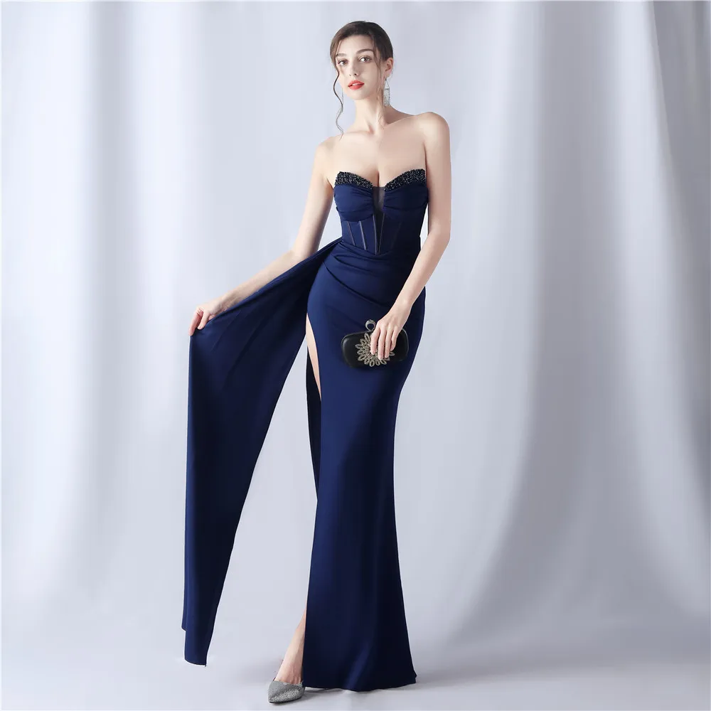 Evening Dresses Navy Blue Beads Stretchy Strapless Zipper Back Mermaid Trumpet Slit Floor Length Women Party Formal Gowns YE004