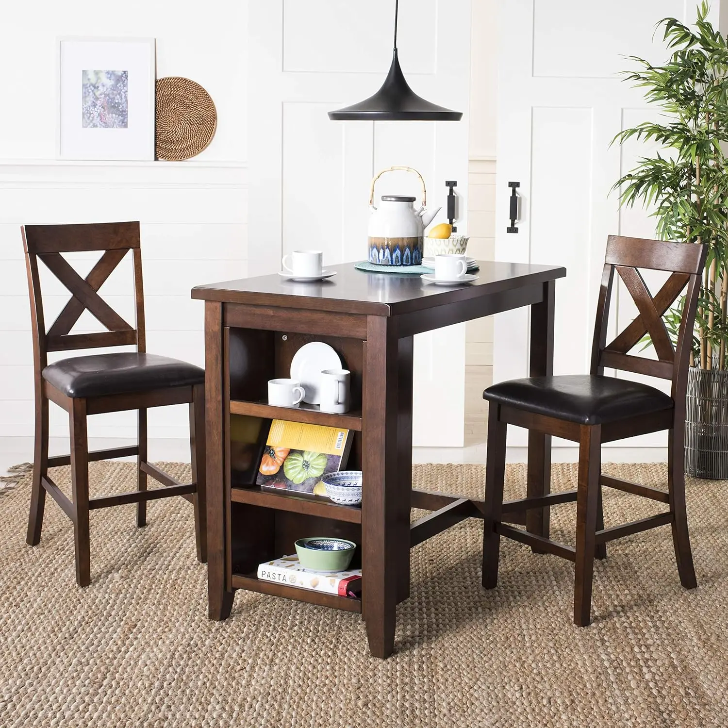 Home Collection 3 Piece Pub Set Mahogany and Black Crafted of mango and rubber woods and upholstered in a PU fabric