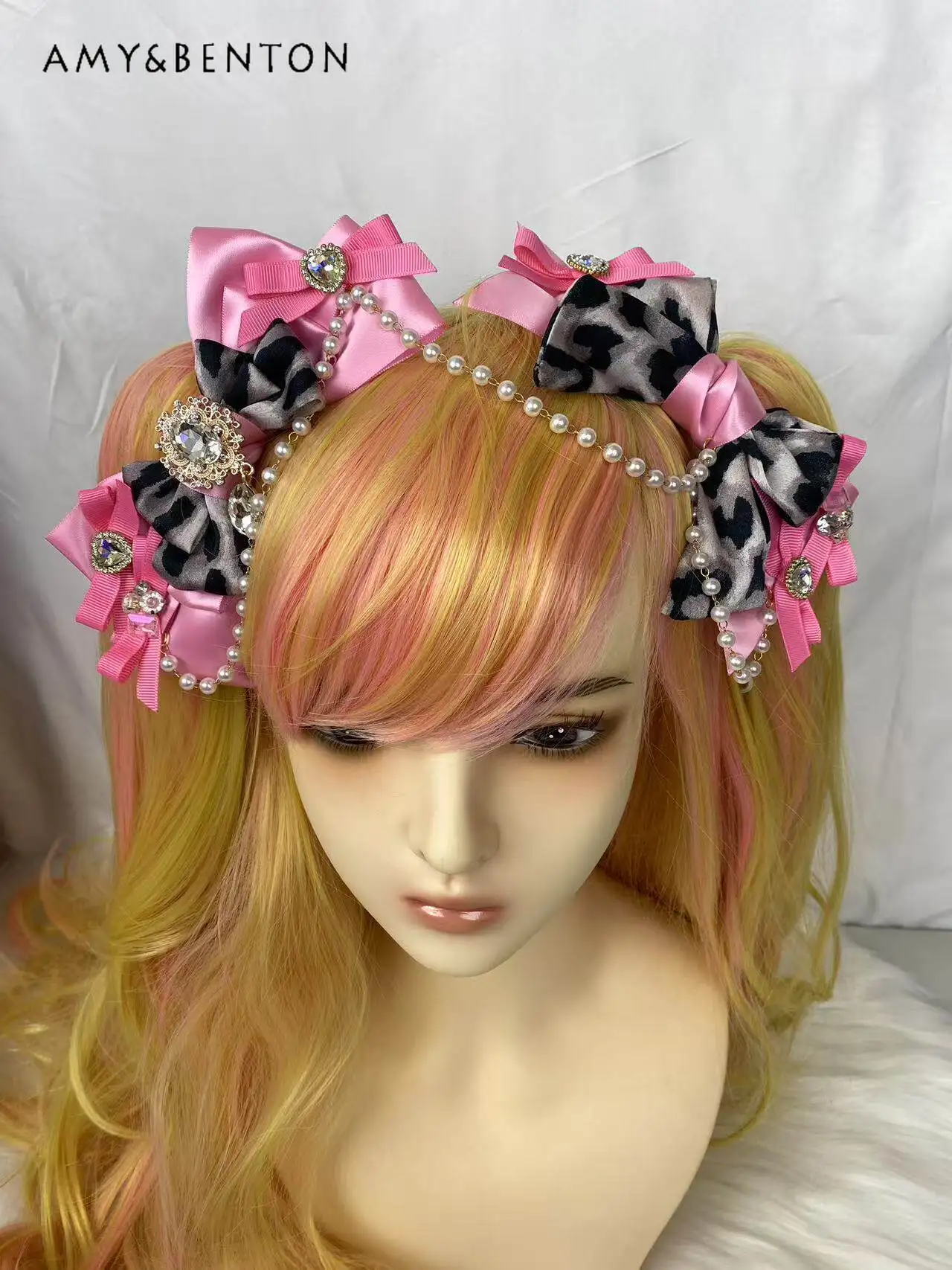 

Готическая розовая заколка для волос с леопардовым принтом, бантом, жемчугом и стразами, в стиле Y2K Лолита, аксессуар для волос для женщин, панк-косплей, украшение для волос