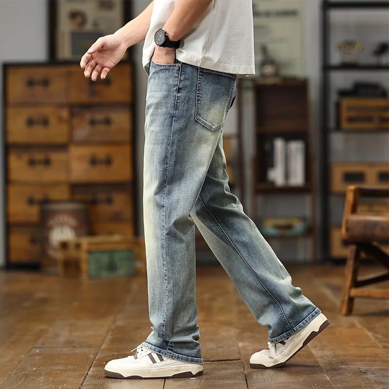 Spring/Summer New American Retro High Street Elastic Denim Pants Size 28-40 Loose Jeans Wide Leg  Baggy Distressed Men Jeans