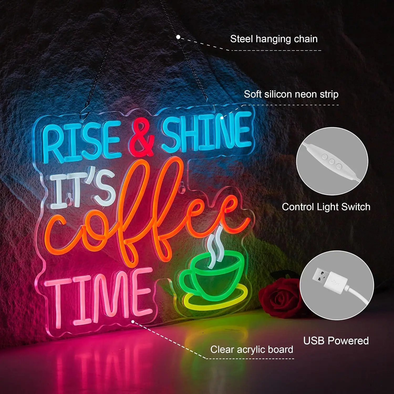 Rise & Shine It's Coffee Time Neon Sign USB Dimmable LED Neon Light for Coffee Bar Cafe Coffee Station Kitchen Wall Art Decor