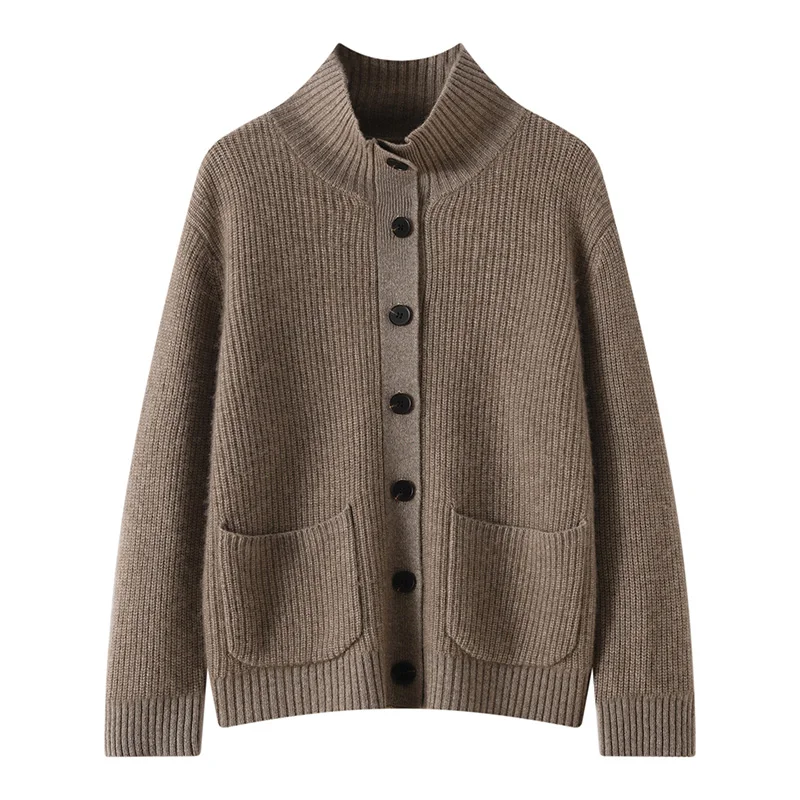 2026 autumn and winter new 100% cashmere cardigan women's turtleneck thickened knit coat outerwear sweater
