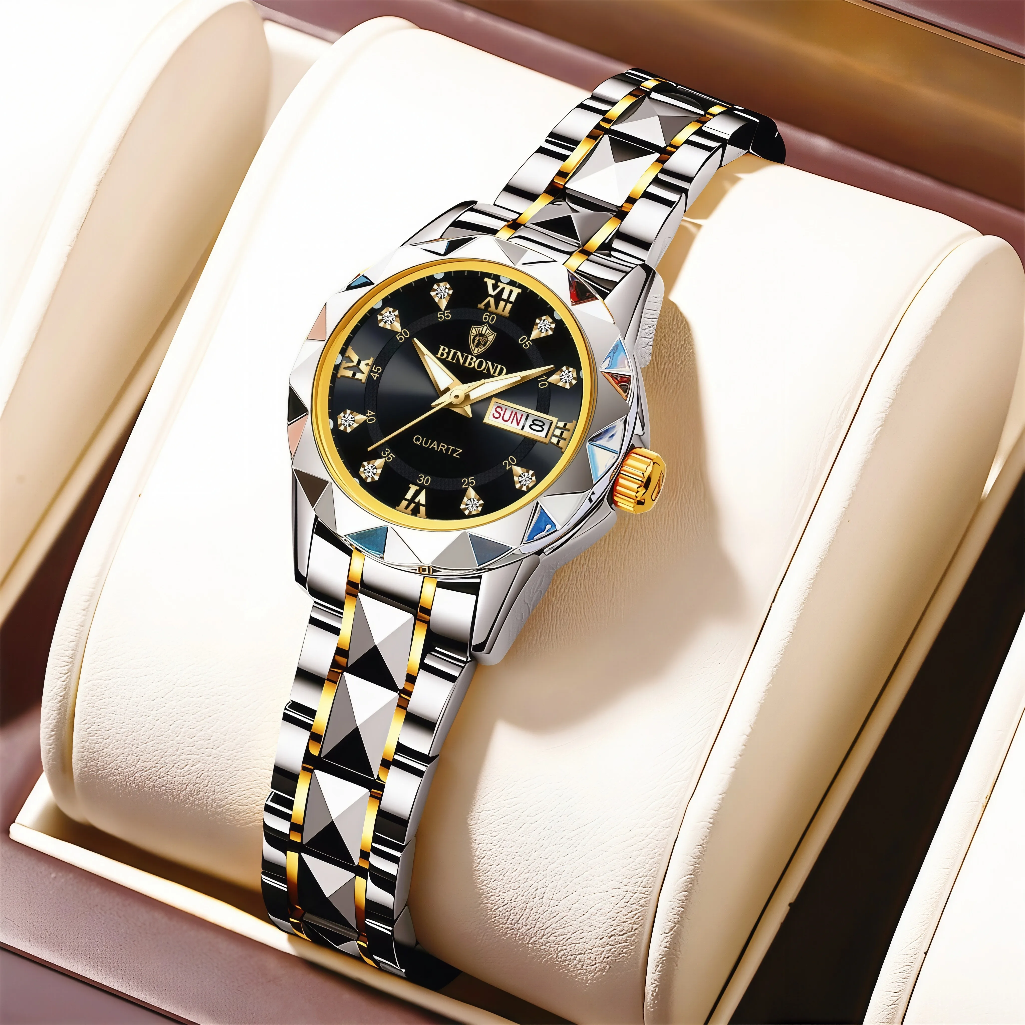 Reloj de pulsera de cuarzo para mujer, informal, a la moda, de la marca BINBOND, resistente al agua, con luz trasera, calendario completo, regalo de cumpleaños