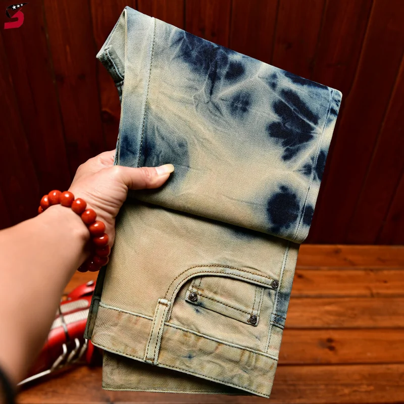 

Premium Vintage Washed Printed Jeans for Men, Slim Fit Tie Dye Design, Korean Fashion Streetwear Denim Pants